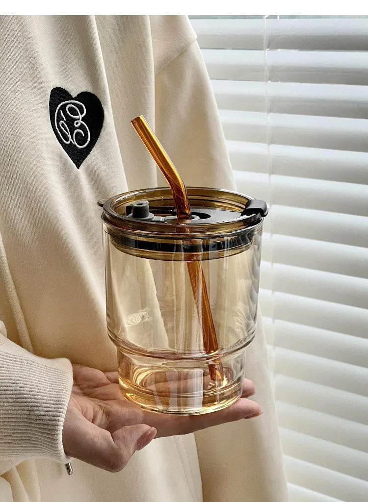 Glass Coffee Cup with Lid & Straw | Aesthetic Tumbler