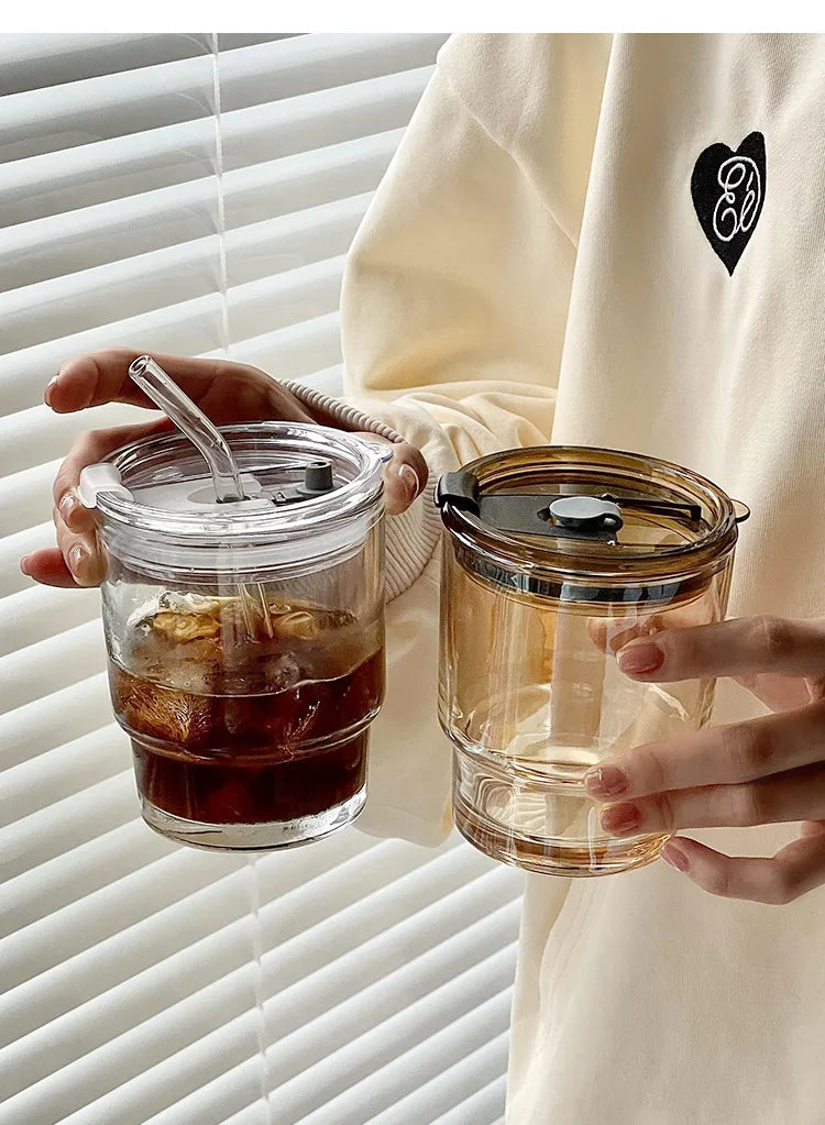 Glass Coffee Cup with Lid & Straw | Aesthetic Tumbler