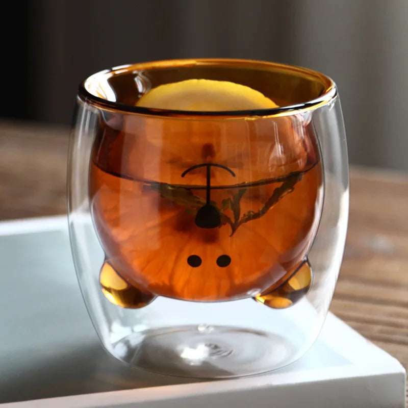 Cute Animal Double Wall Glass Mug | 300ml Coffee & Tea Cup