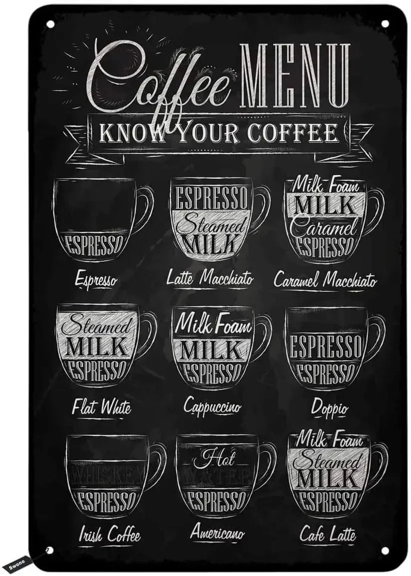 Coffee Menu Tin Sign | Retro “Know Your Coffee” Wall Art