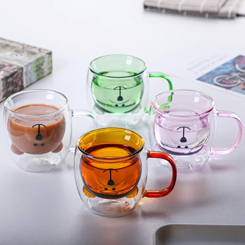 Cute Animal Double Wall Glass Mug | 300ml Coffee & Tea Cup