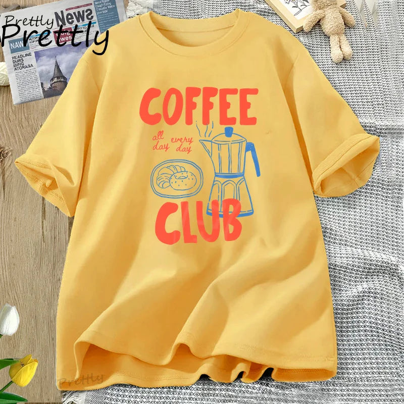 Coffee Club T Shirt Women Funny Coffee Lover Retro Tshirt Trendy Cotton Short Sleeve Tee Harajuku Graphci T Shirts Streetwear