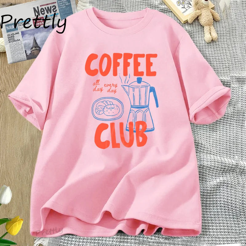 Coffee Club T Shirt Women Funny Coffee Lover Retro Tshirt Trendy Cotton Short Sleeve Tee Harajuku Graphci T Shirts Streetwear