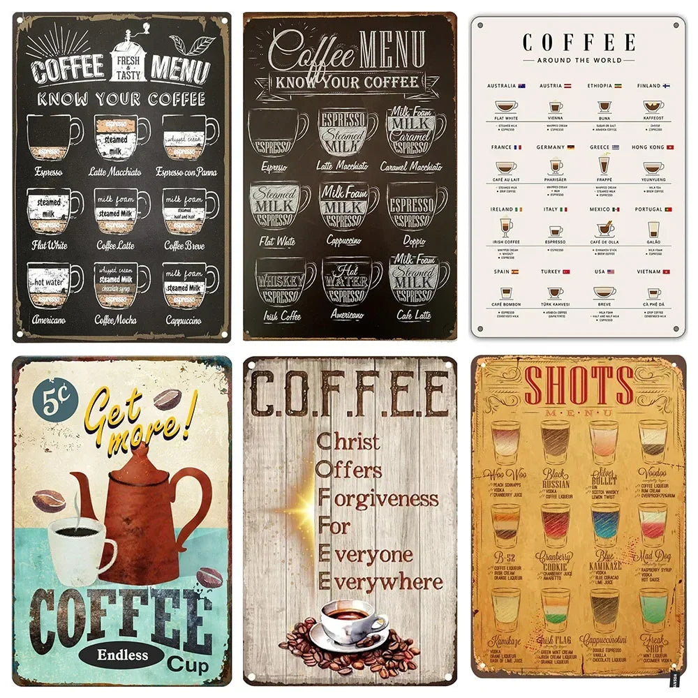Coffee Menu Tin Sign | Retro “Know Your Coffee” Wall Art