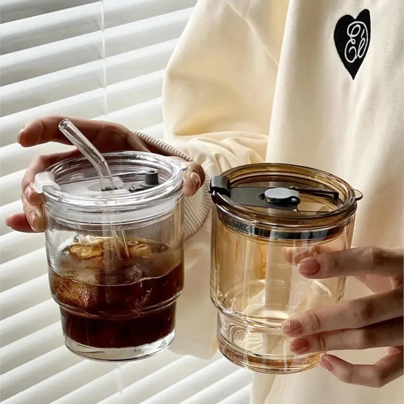 Glass Coffee Cup with Lid & Straw | Aesthetic Tumbler