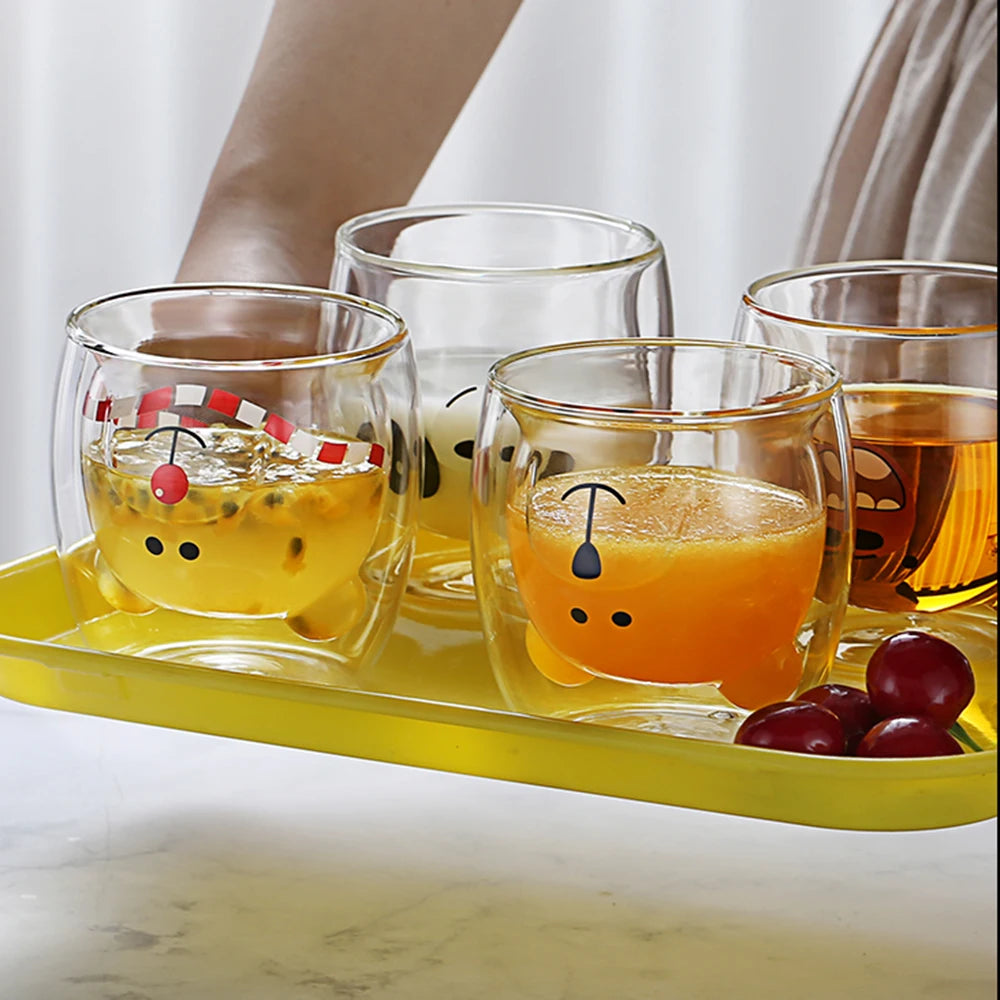 Cute Animal Double Wall Glass Mug | 300ml Coffee & Tea Cup