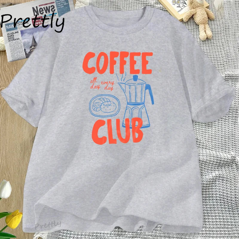 Coffee Club T Shirt Women Funny Coffee Lover Retro Tshirt Trendy Cotton Short Sleeve Tee Harajuku Graphci T Shirts Streetwear