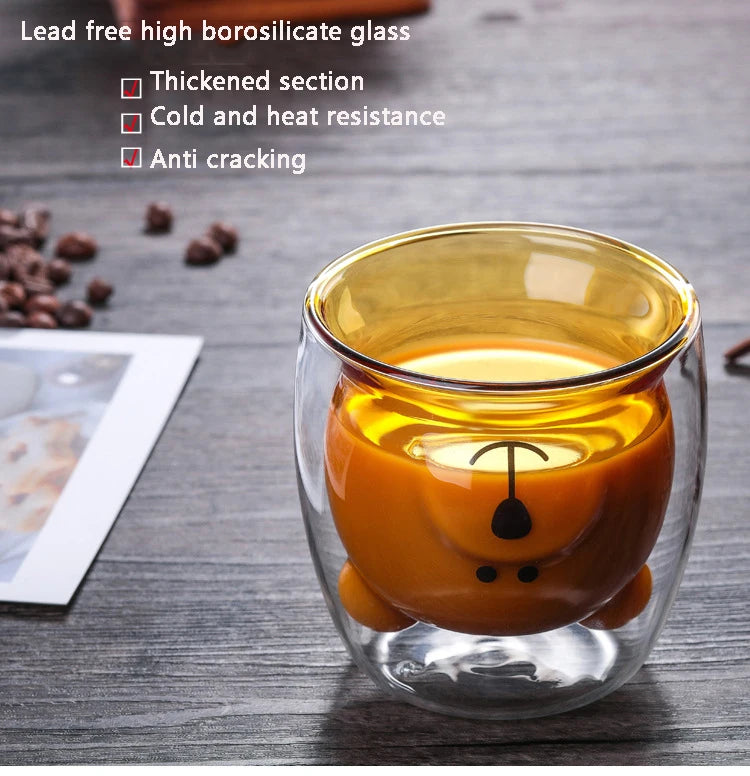 Cute Animal Double Wall Glass Mug | 300ml Coffee & Tea Cup