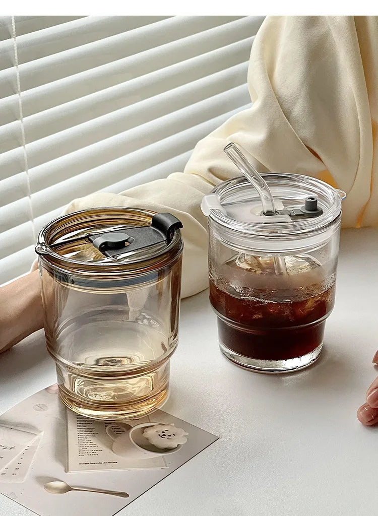 Glass Coffee Cup with Lid & Straw | Aesthetic Tumbler