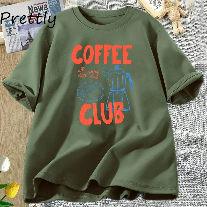 Coffee Club T Shirt Women Funny Coffee Lover Retro Tshirt Trendy Cotton Short Sleeve Tee Harajuku Graphci T Shirts Streetwear