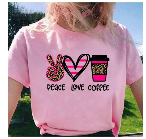 Peace Love Coffee Print Short Sleeved Round Neck T Shirt