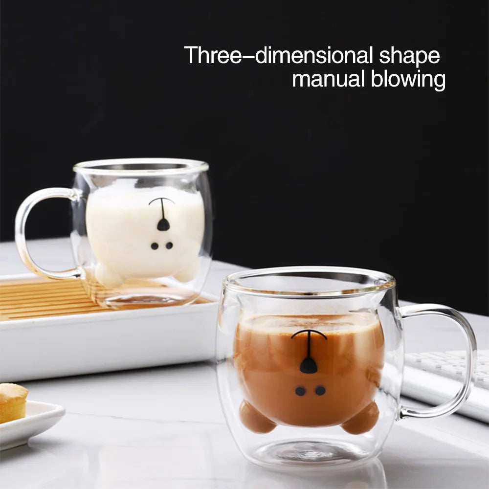 Cute Animal Double Wall Glass Mug | 300ml Coffee & Tea Cup