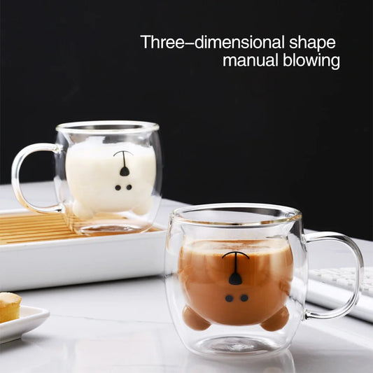 Cute Animal Double Wall Glass Mug | 300ml Coffee & Tea Cup