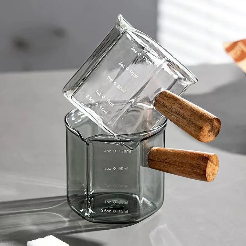 Mini Glass Espresso Measuring Cup with Wooden Handle | 120ml Capacity