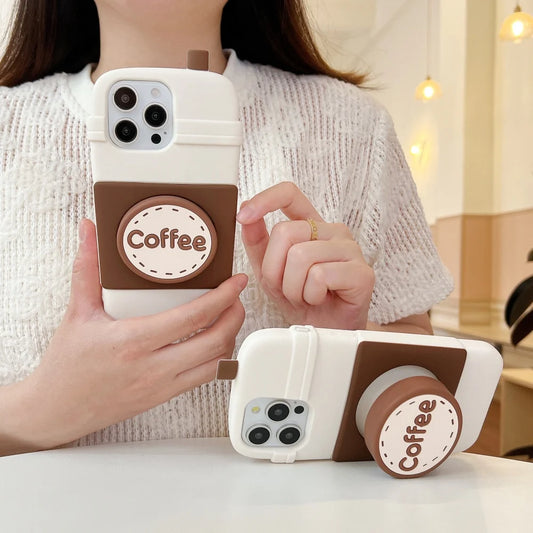 Cute  Coffee cup holder Stand Phone Case for IPhone16 15 14 13Pro Max Plus Shockproof Silicone Soft Anti-drop luxury Back Cover