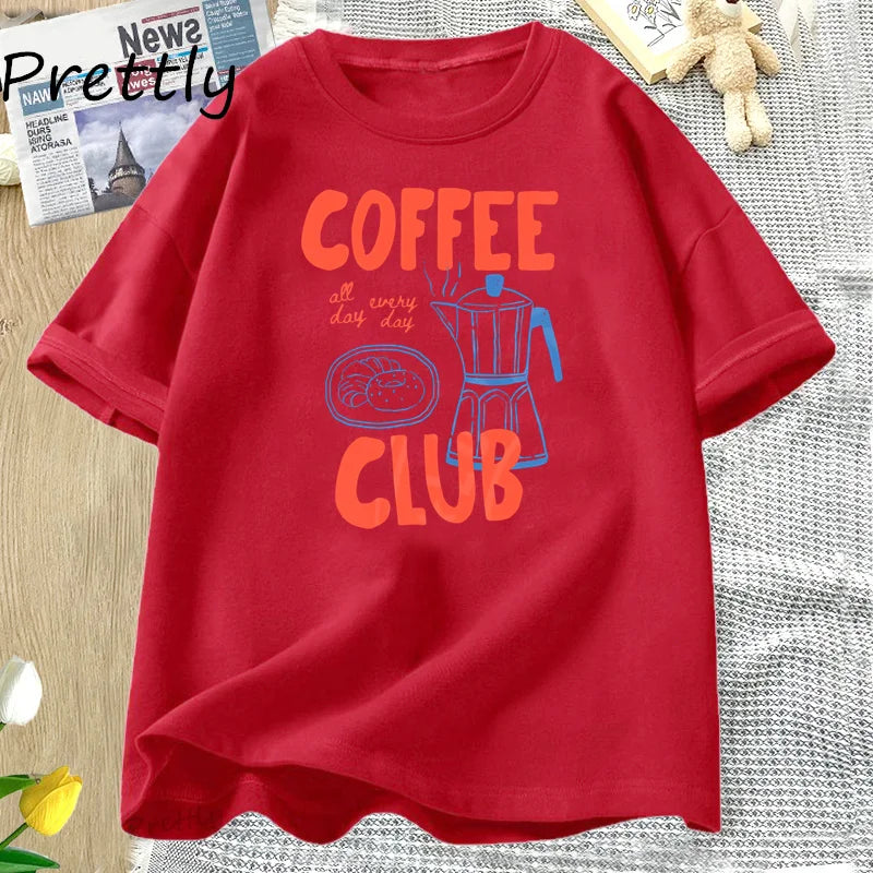 Coffee Club T Shirt Women Funny Coffee Lover Retro Tshirt Trendy Cotton Short Sleeve Tee Harajuku Graphci T Shirts Streetwear