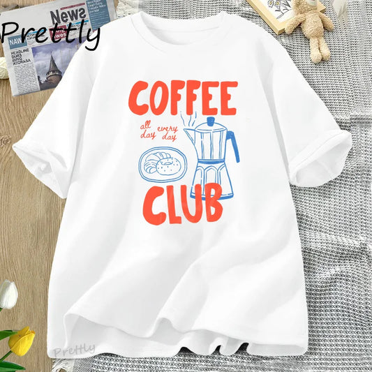 Coffee Club T Shirt Women Funny Coffee Lover Retro Tshirt Trendy Cotton Short Sleeve Tee Harajuku Graphci T Shirts Streetwear
