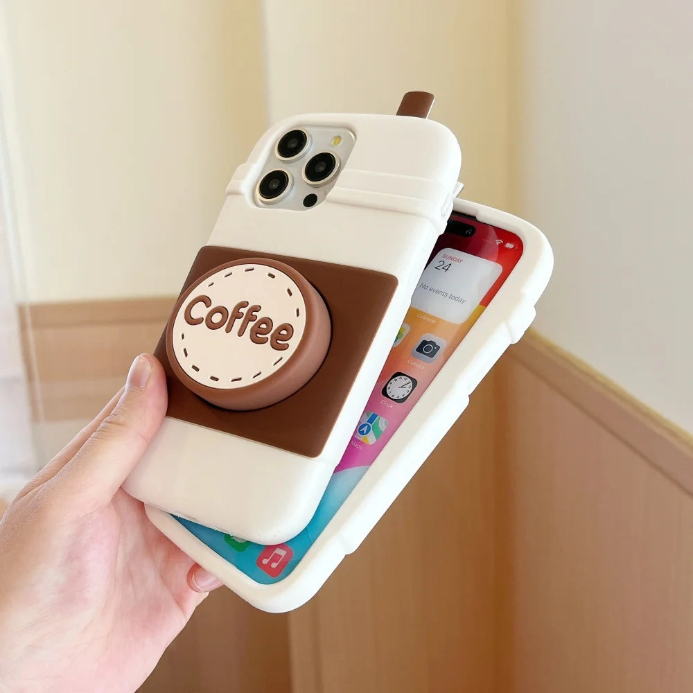 Cute  Coffee cup holder Stand Phone Case for IPhone16 15 14 13Pro Max Plus Shockproof Silicone Soft Anti-drop luxury Back Cover