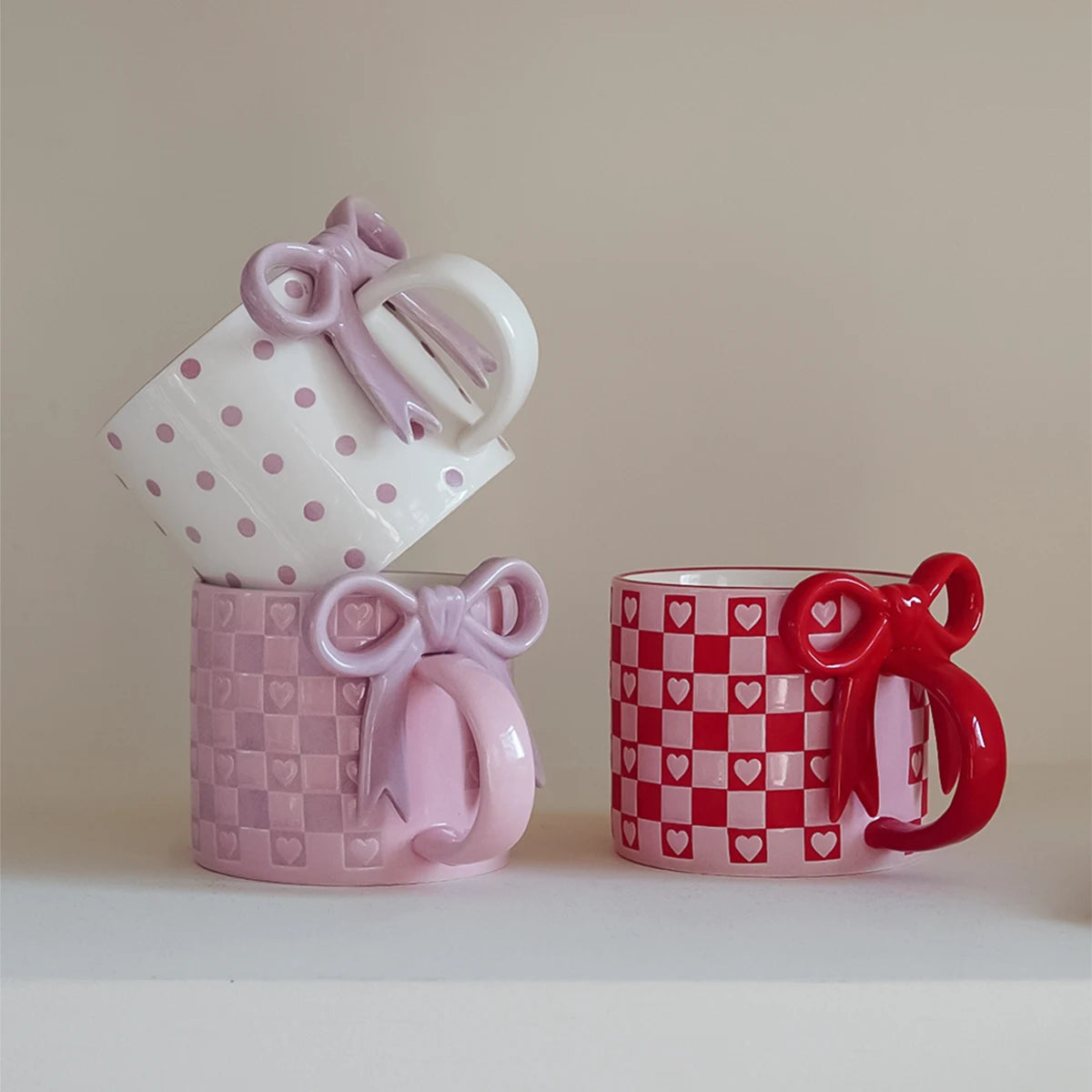 Heart Ceramic Mug with Bow Handle | Cute Aesthetic Coffee Cup