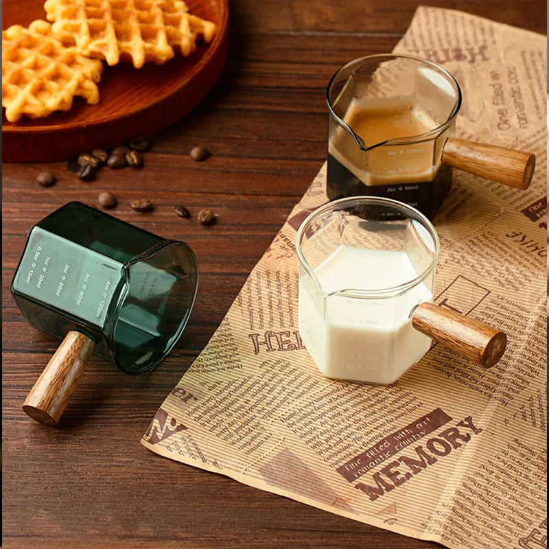 Mini Glass Espresso Measuring Cup with Wooden Handle | 120ml Capacity