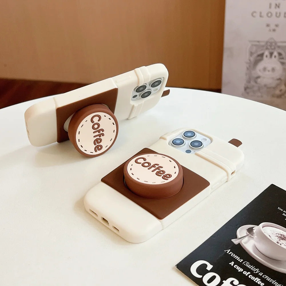 Cute  Coffee cup holder Stand Phone Case for IPhone16 15 14 13Pro Max Plus Shockproof Silicone Soft Anti-drop luxury Back Cover