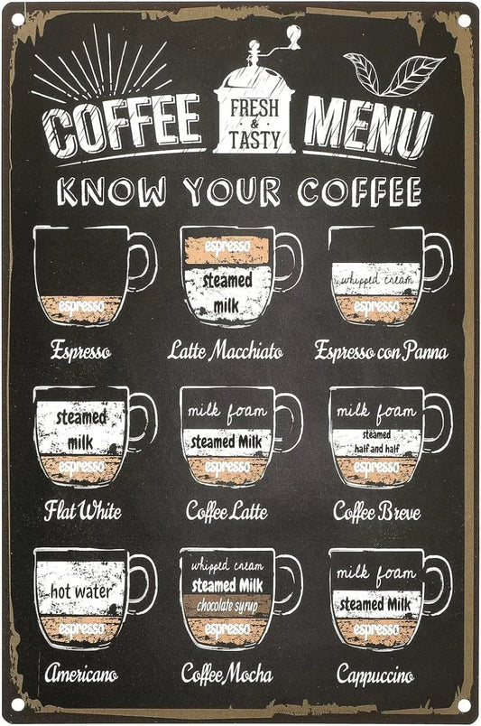 Coffee Menu Tin Sign | Retro “Know Your Coffee” Wall Art