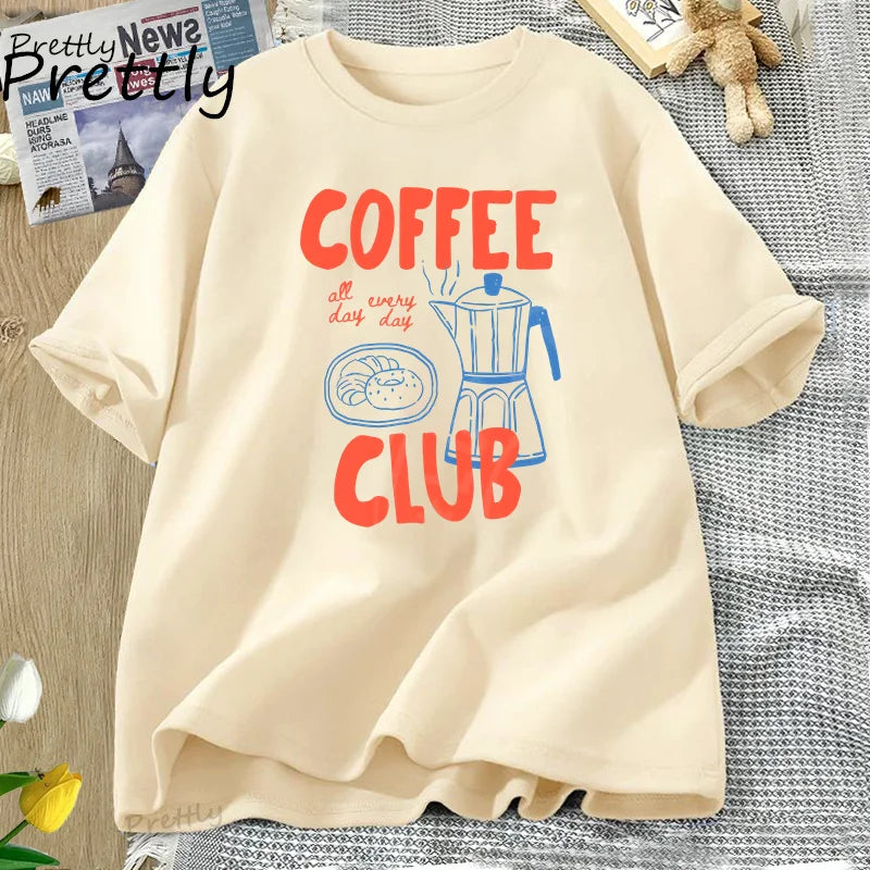 Coffee Club T Shirt Women Funny Coffee Lover Retro Tshirt Trendy Cotton Short Sleeve Tee Harajuku Graphci T Shirts Streetwear