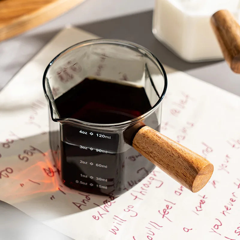 Mini Glass Espresso Measuring Cup with Wooden Handle | 120ml Capacity