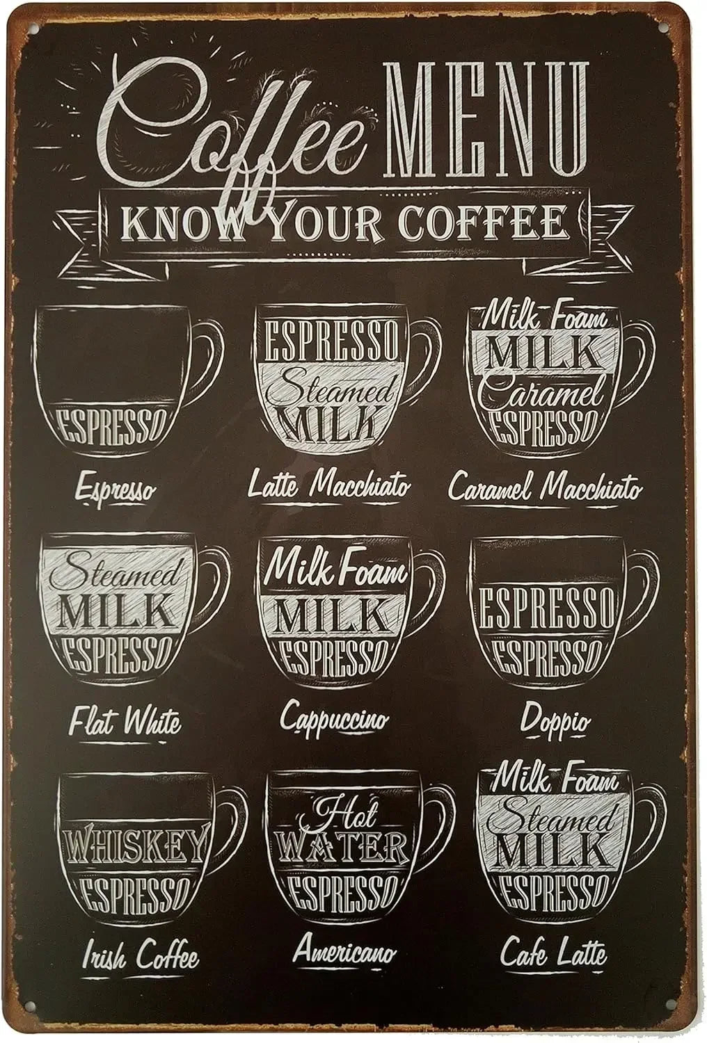 Coffee Menu Tin Sign | Retro “Know Your Coffee” Wall Art