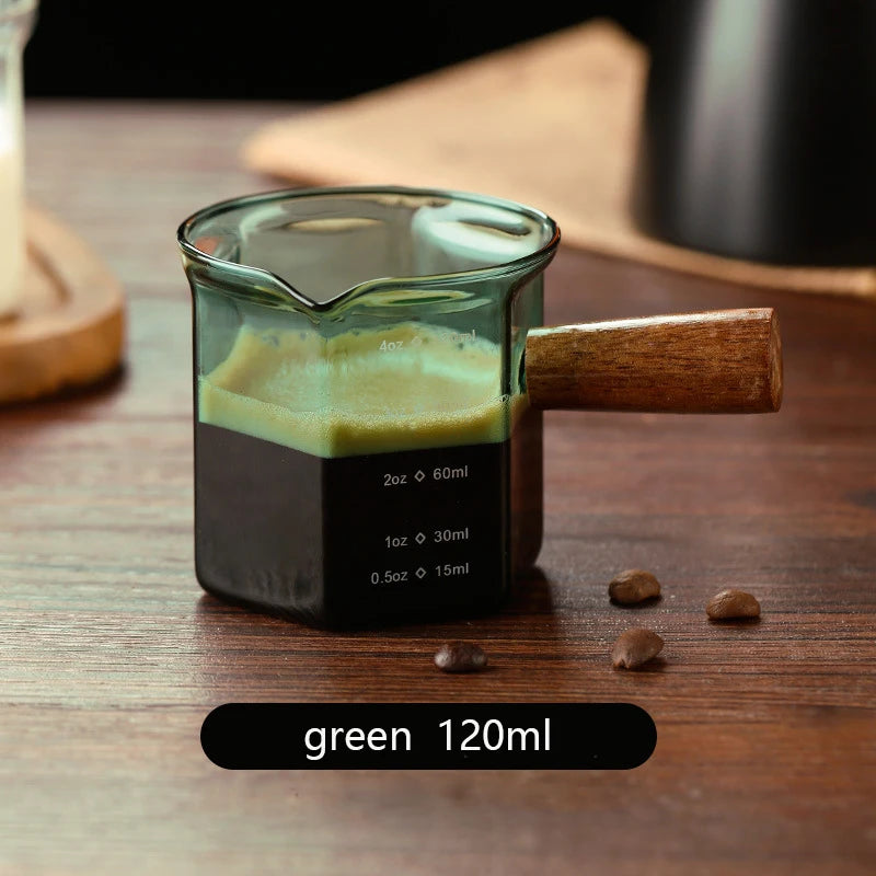 Mini Glass Espresso Measuring Cup with Wooden Handle | 120ml Capacity