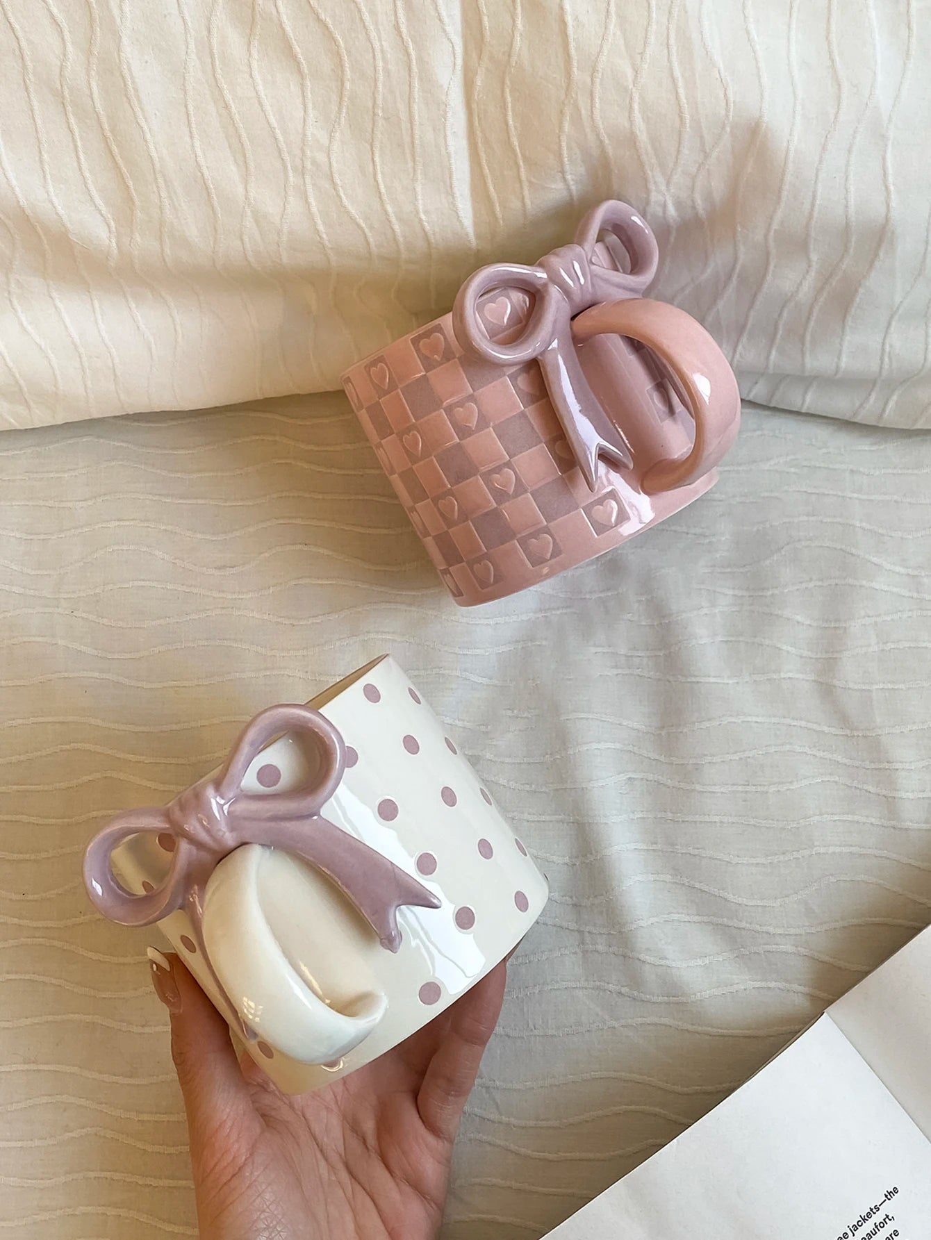 Heart Ceramic Mug with Bow Handle | Cute Aesthetic Coffee Cup