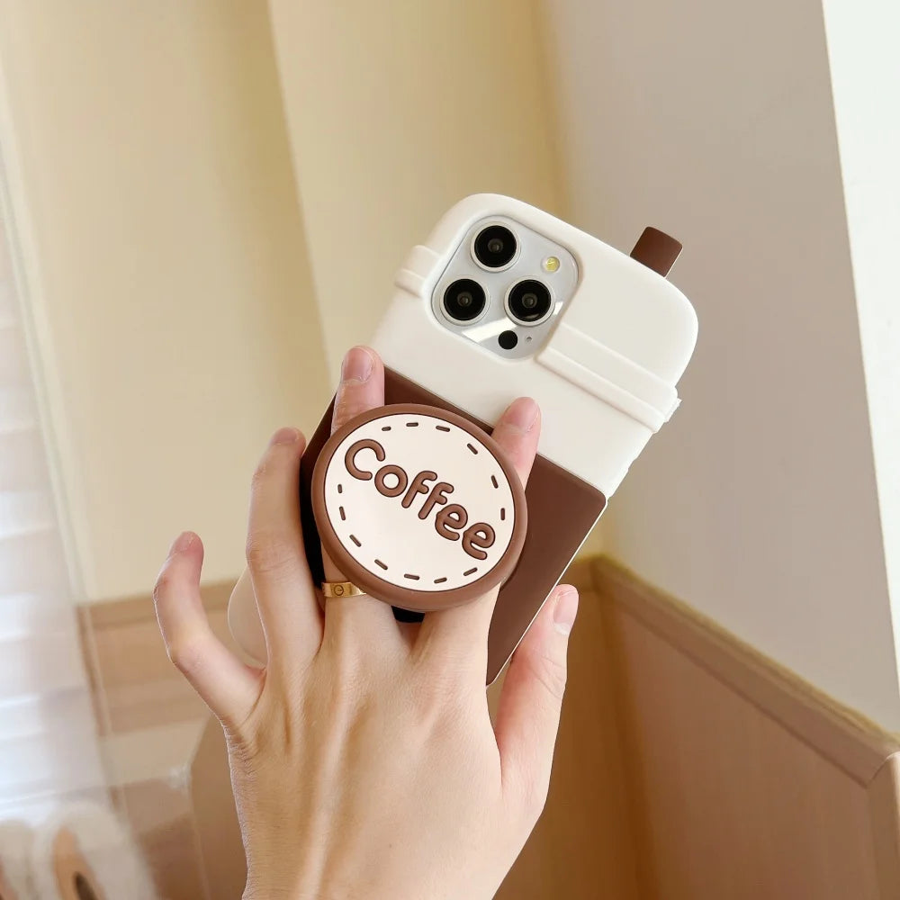 Cute  Coffee cup holder Stand Phone Case for IPhone16 15 14 13Pro Max Plus Shockproof Silicone Soft Anti-drop luxury Back Cover