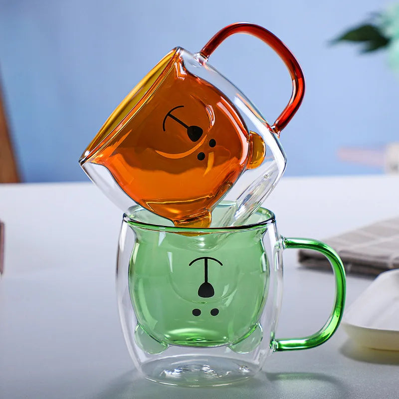 Cute Animal Double Wall Glass Mug | 300ml Coffee & Tea Cup