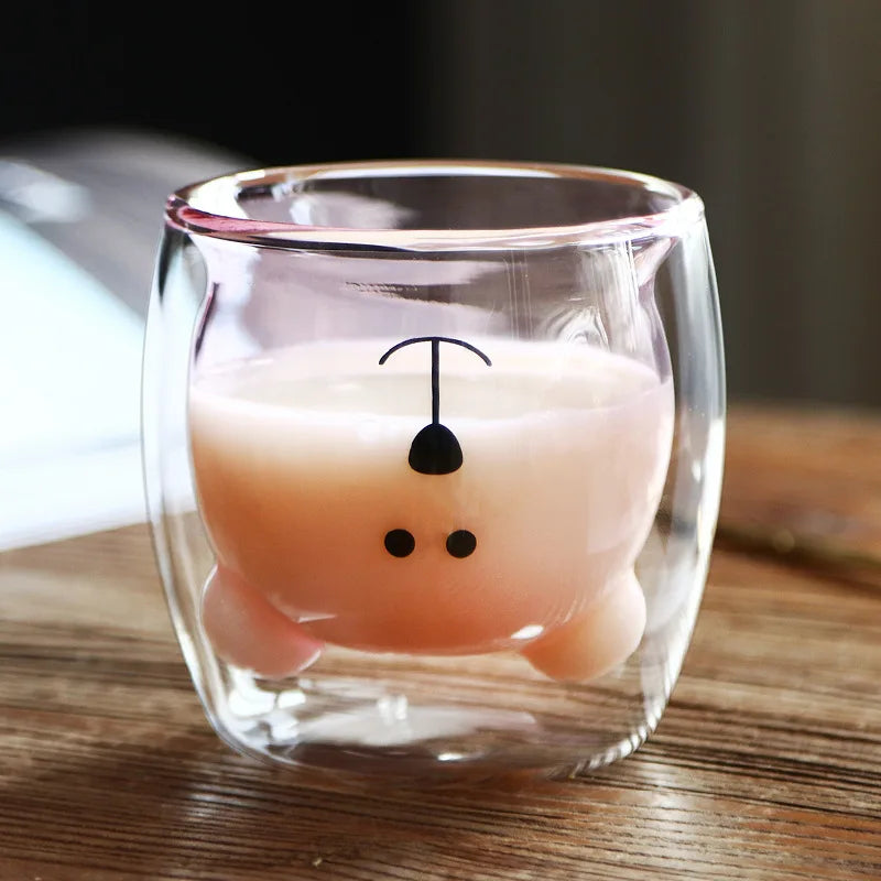 Cute Animal Double Wall Glass Mug | 300ml Coffee & Tea Cup