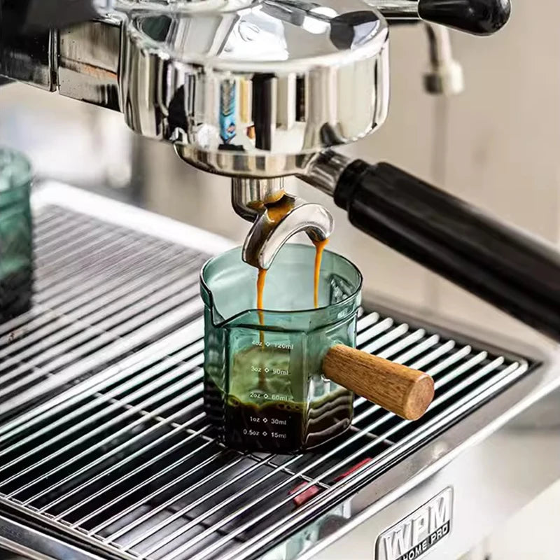 Mini Glass Espresso Measuring Cup with Wooden Handle | 120ml Capacity