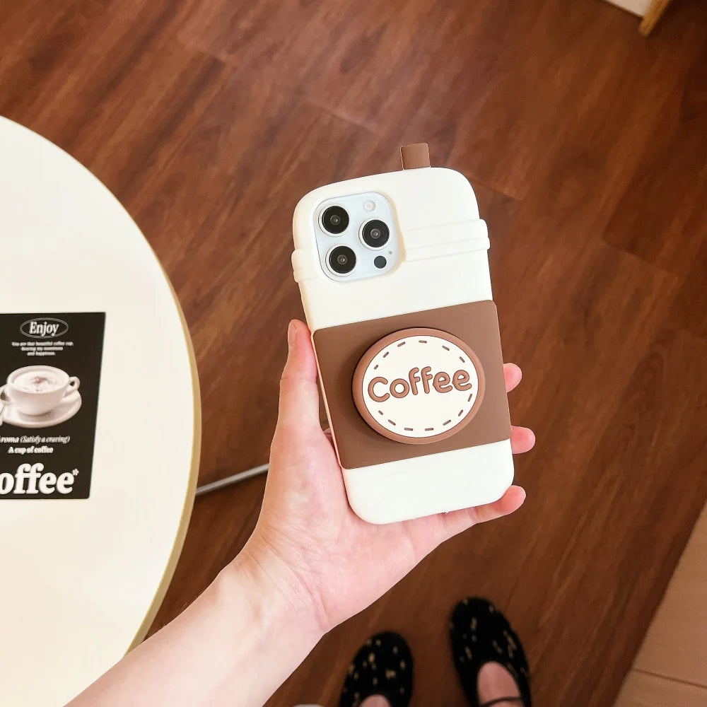 Cute  Coffee cup holder Stand Phone Case for IPhone16 15 14 13Pro Max Plus Shockproof Silicone Soft Anti-drop luxury Back Cover