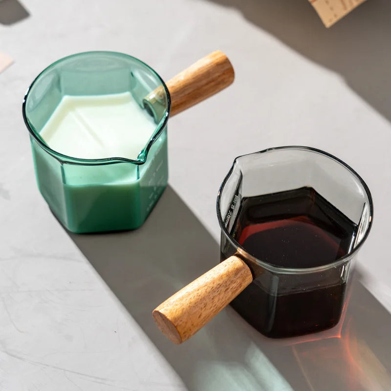 Mini Glass Espresso Measuring Cup with Wooden Handle | 120ml Capacity