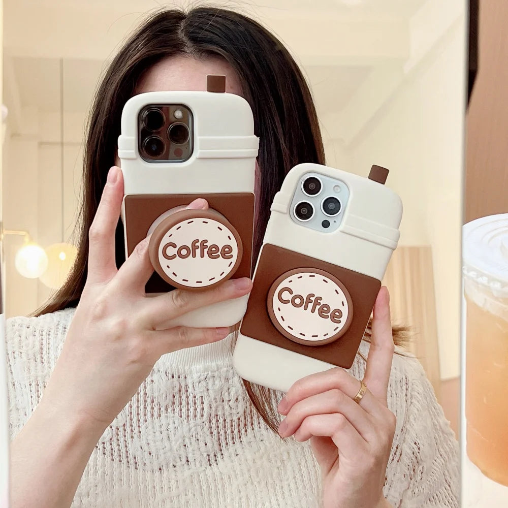 Cute  Coffee cup holder Stand Phone Case for IPhone16 15 14 13Pro Max Plus Shockproof Silicone Soft Anti-drop luxury Back Cover