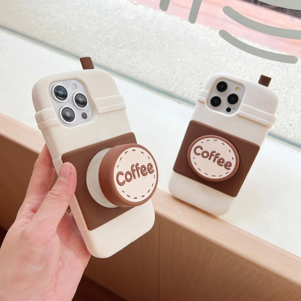Cute  Coffee cup holder Stand Phone Case for IPhone16 15 14 13Pro Max Plus Shockproof Silicone Soft Anti-drop luxury Back Cover