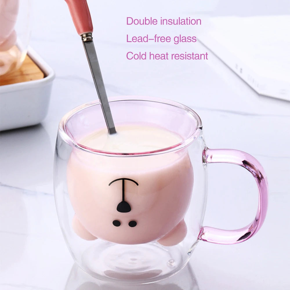 Cute Animal Double Wall Glass Mug | 300ml Coffee & Tea Cup