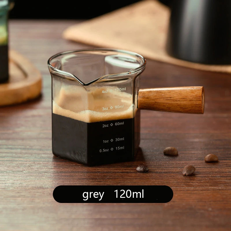 Mini Glass Espresso Measuring Cup with Wooden Handle | 120ml Capacity
