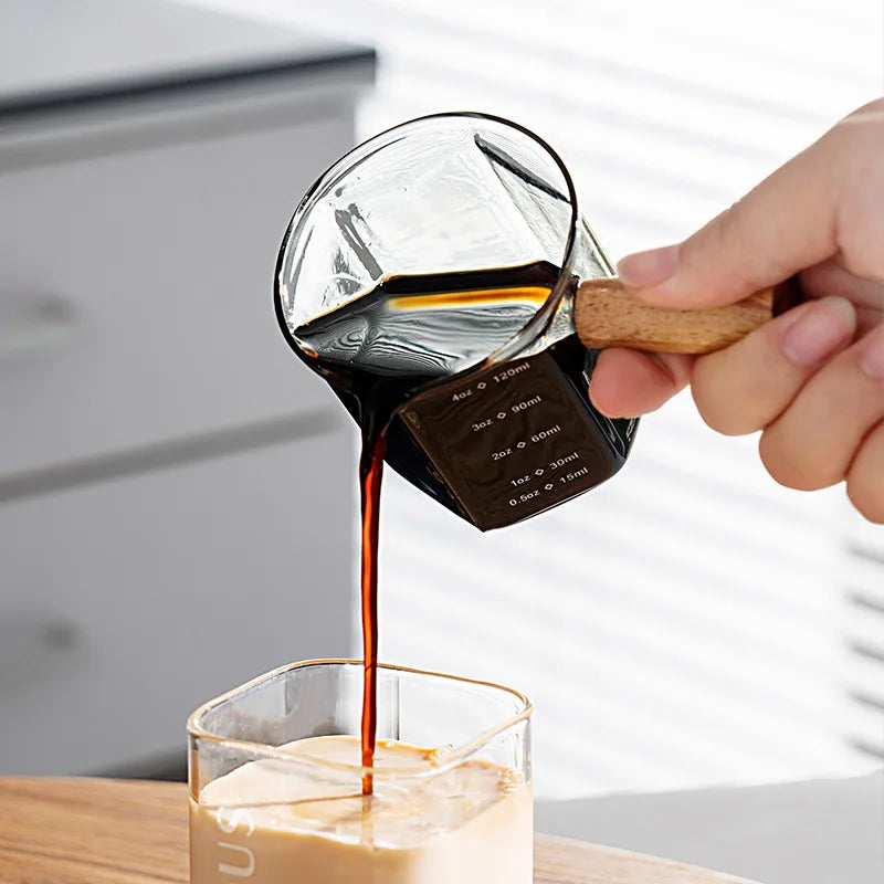 Mini Glass Espresso Measuring Cup with Wooden Handle | 120ml Capacity